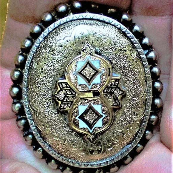 HUGE Antique Victorian 18K Gold Sterling Silver Cloisonne Enamel Brooch Pin 11 g